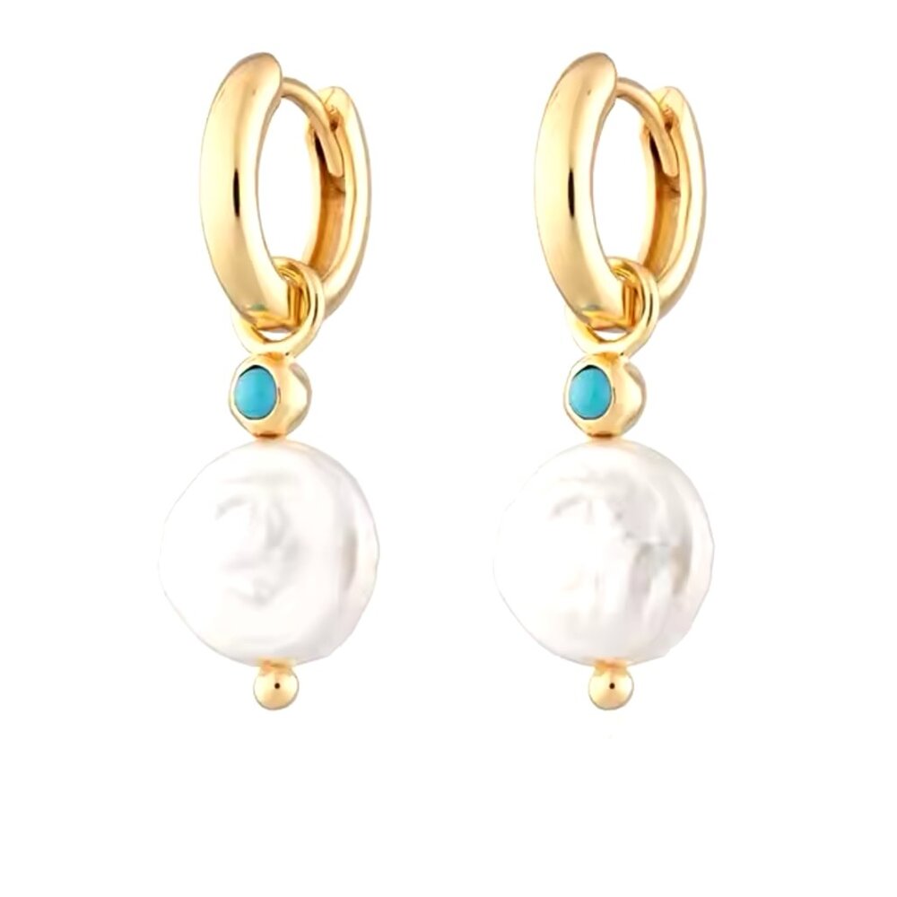 Beautiful Pearl + Turquoise Earrings Dainty Huggies Baroque Pearl Beachy Jewelry